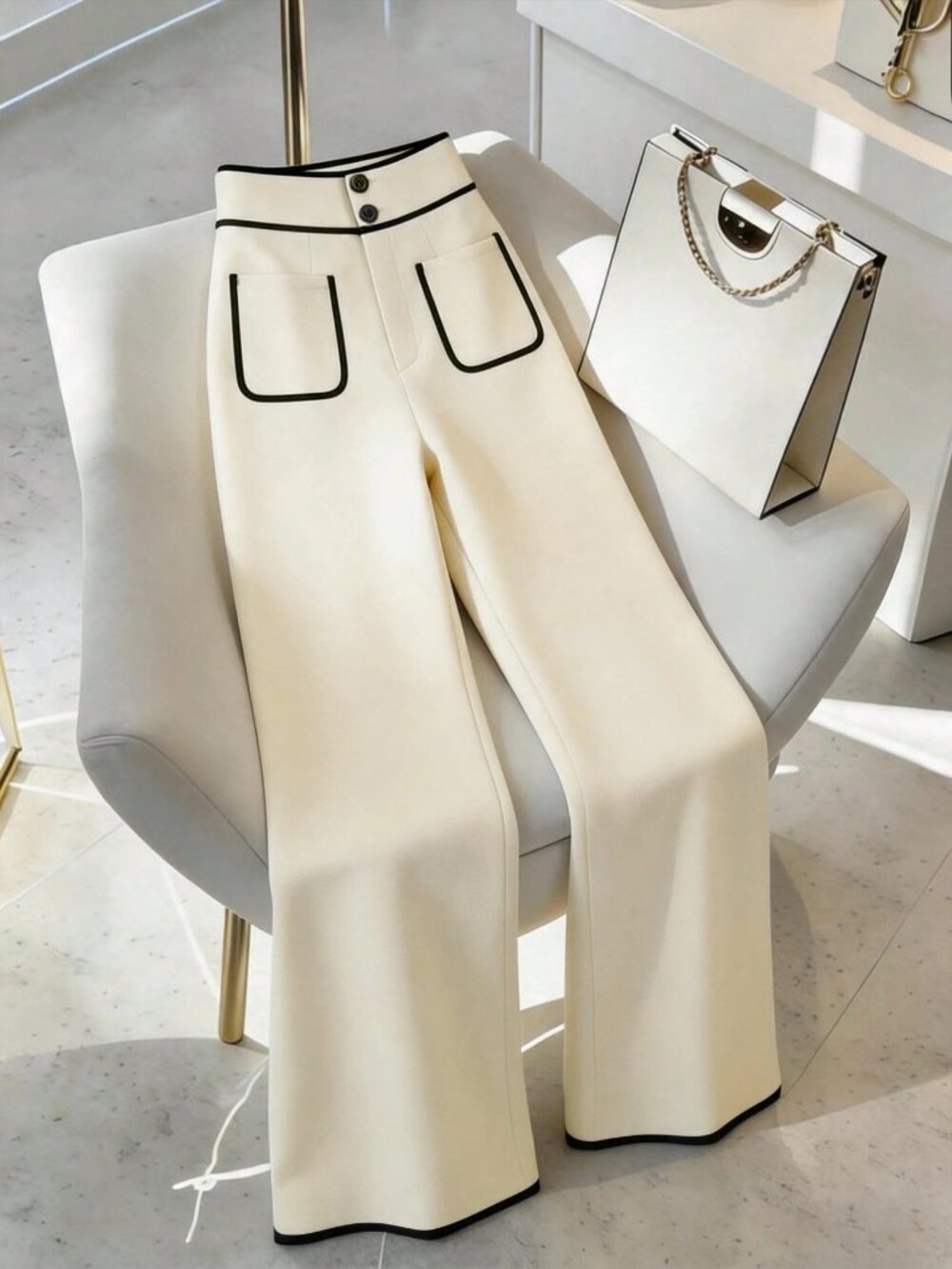 Cream Wide Leg Trousers with Black Contrast Trim High Waisted Pants